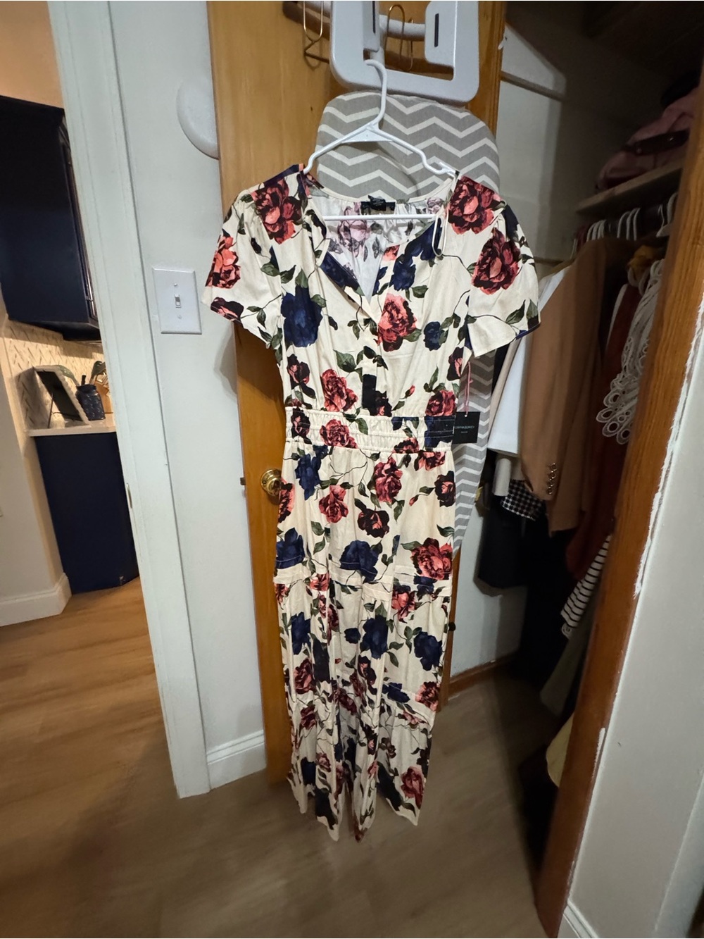 Floral V-Neck Maxi Dress in Cream with Red & Navy Blooms